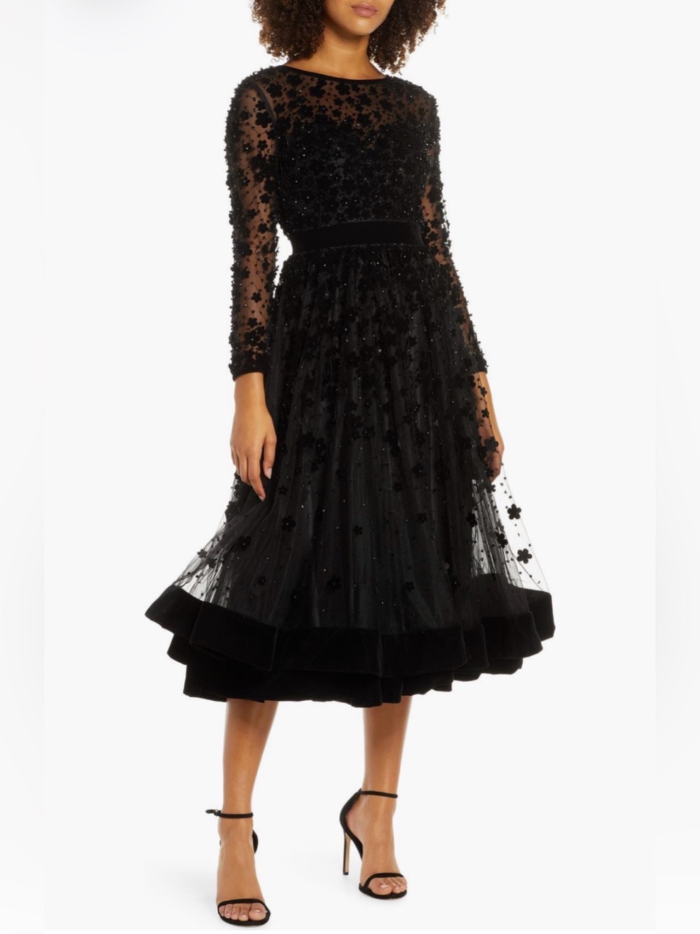 Mac Duggal Black Embroidered Tulle Midi Dress